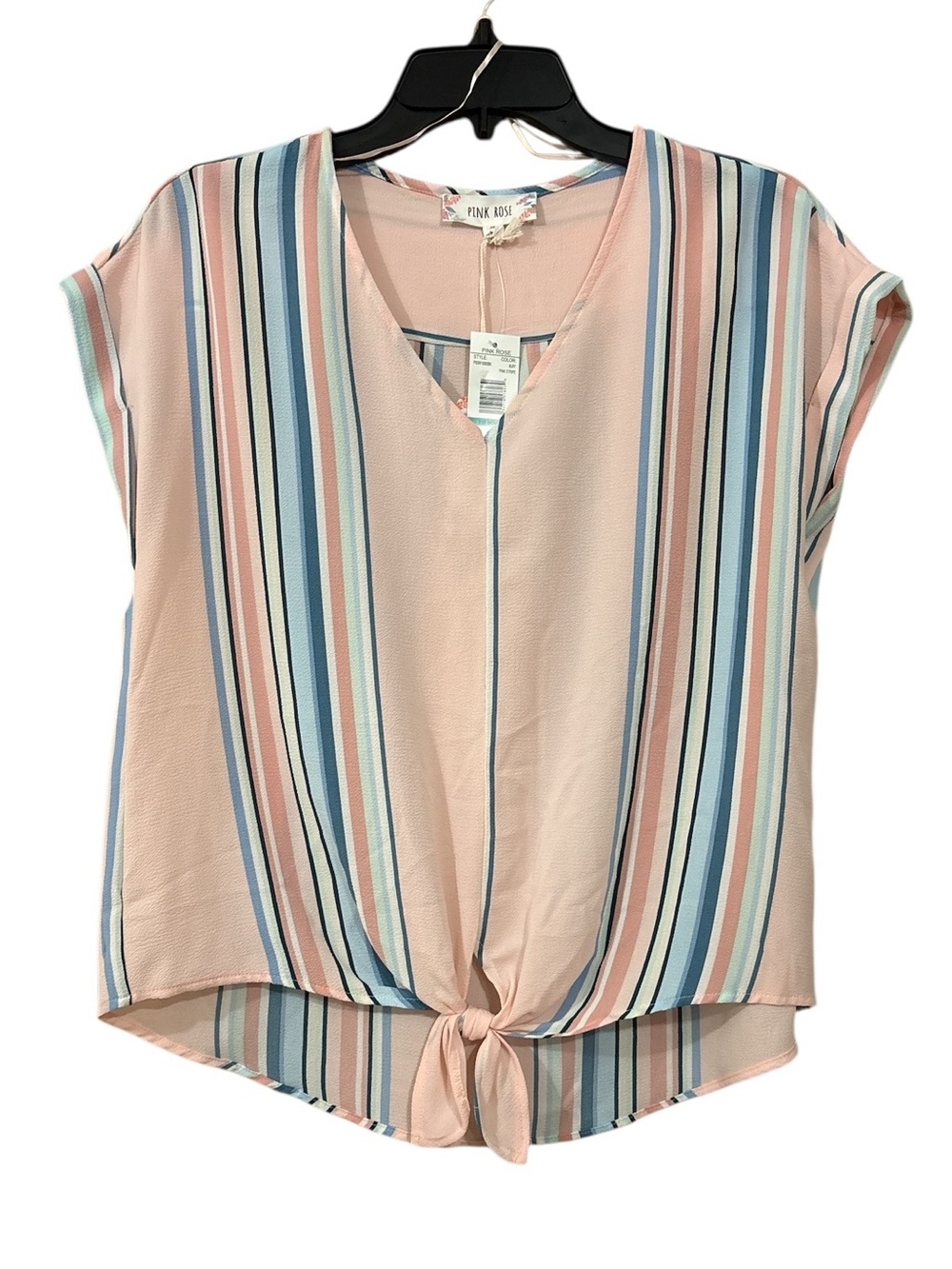 Pink Rose Striped Tie-Front Blouse in Pink, Blue, White, Tan